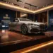 Luxusauto auf eleganter Holzplattform in Premium-Autohaus mit warmer Beleuchtung und edlen Präsentationsmaterialien