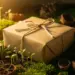 Nachhaltig verpackte Geschenkbox aus Kraftpapier mit Naturschnur, umgeben von Trockenblumen, Moos und grünen Setzlingen im goldenen Abendlicht.