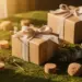 Nachhaltiges Influencer-Unboxing-Geschenkset aus Kraftpapier und Leinenband, umgeben von Eukalyptuszweigen und Korkakzenten im warmen Seitenlicht.