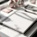 Personalisierter Büroordner mit geometrischen Mustern auf weißem Schreibtisch mit passenden Büroartikeln