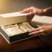 Manikürte Hände öffnen eine elegante Geschenkbox mit Markenartikeln in Seidenpapier, zweite Box daneben, warmes Goldlicht.