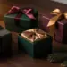 Premium-Geschenkboxen mit matter Textur und Satinbändern in Waldgrün, Burgund und Gold auf dunklem Walnussholz mit Weihnachtstannenzweigen.