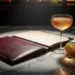 Aufgeschlagene Leder-Menümappe auf Marmortheke neben Cocktailglas mit Kondensation und frischer Zitrusgarnitur.