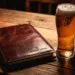 Leder-Menümappe mit Biermarken-Emblem auf rustikalem Holztisch neben beschlagenem Bierglas im Kerzenlicht.