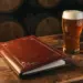 Aufgeschlagene Leder-Menümappe auf rustikalem Holztisch neben frisch gezapftem Craft Beer im Kerzenlicht eines Brauereikellers.