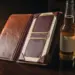 Aufgeschlagene Ledermappe mit eleganten Einsätzen auf poliertem Restauranttisch, daneben beschlagene Flasche im Kerzenlicht.