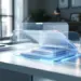 Moderner transparenter Ordner mit digitalen Elementen und LED-Beleuchtung auf weißem Schreibtisch im Büro