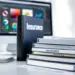 Personalisierte Versicherungsordner mit bedruckten Einbänden auf weißem Schreibtisch, Computer mit Druckdesign-Software