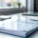 Versicherungsordner mit transparenter Hülle und sichtbaren Dokumenten auf weißem Schreibtisch im Büro