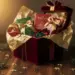 Geöffnete Weihnachtsgeschenkbox mit edlen Produkten, Samtband und Seidenpapier auf dunklem Walnussholz mit Tannenzweigen und Goldkonfetti.