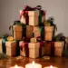 Pyramide aus individuellen Weihnachtsgeschenkboxen mit grünen und burgunderroten Bändern, Goldwachssiegeln und Tannenzweigen im Kerzenlicht.