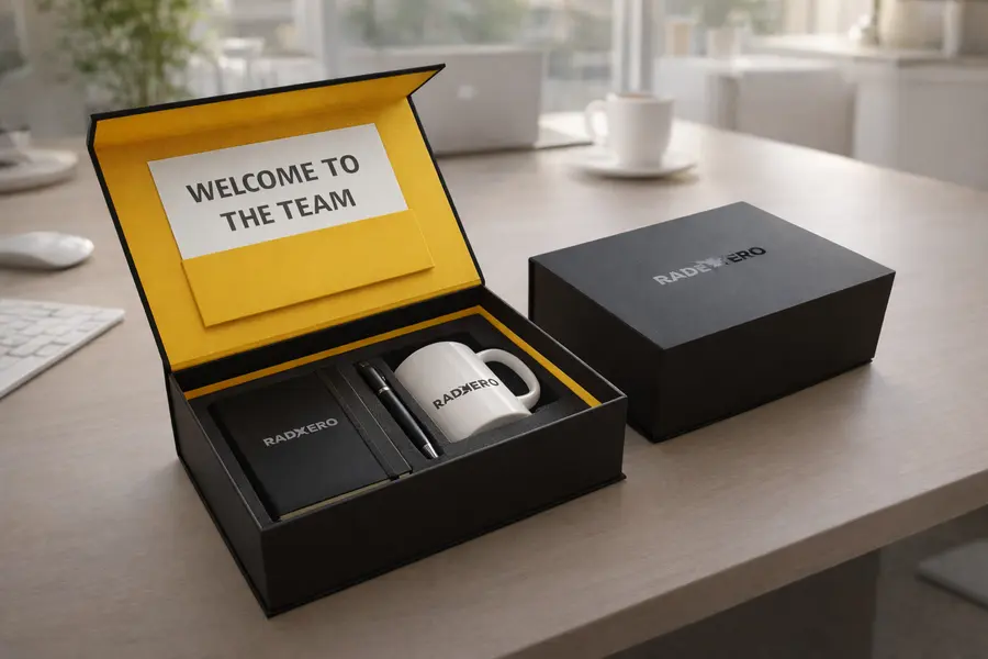 Schwarze Onboarding Faltbox Welcome To The Team Karte im Innendeckel