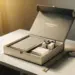 Geöffnete Premium-Onboarding-Box mit Notizbuch, Karte und verpacktem Geschenk auf weißem Schreibtisch, warmes goldenes Licht, elegantes Corporate-Design.