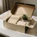Geöffnete Willkommensbox mit Notizbuch, kleiner Pflanze und Karte auf weißem Schreibtisch in warmen Champagner- und Elfenbeintönen.